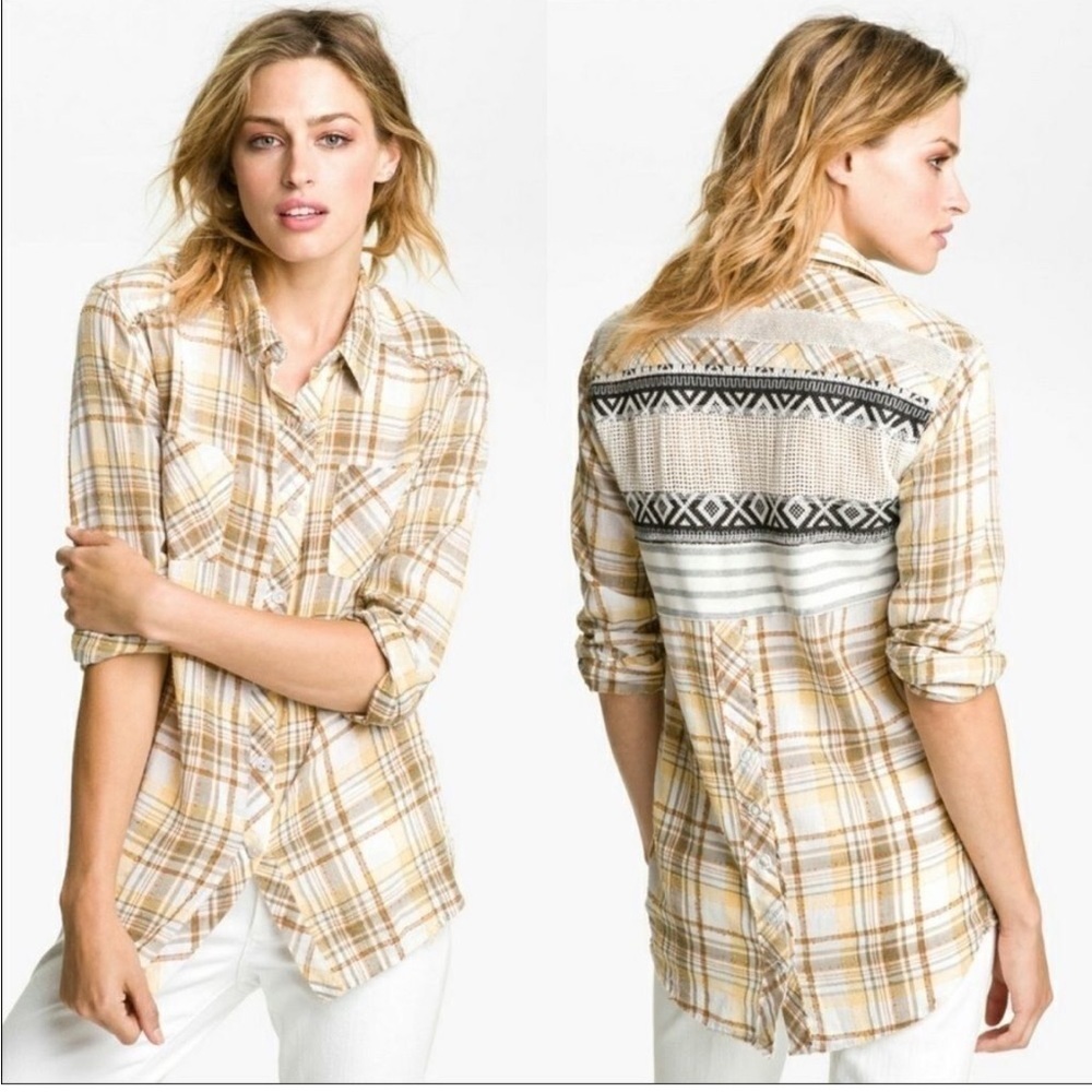 Free People We the Free Park Ranger Plaid Yellow Floral Button Down Top shirt